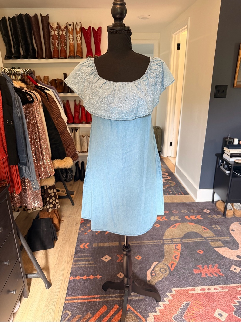 Panhandle Light Blue Chambray Short Off-Shoulder Mini Dress